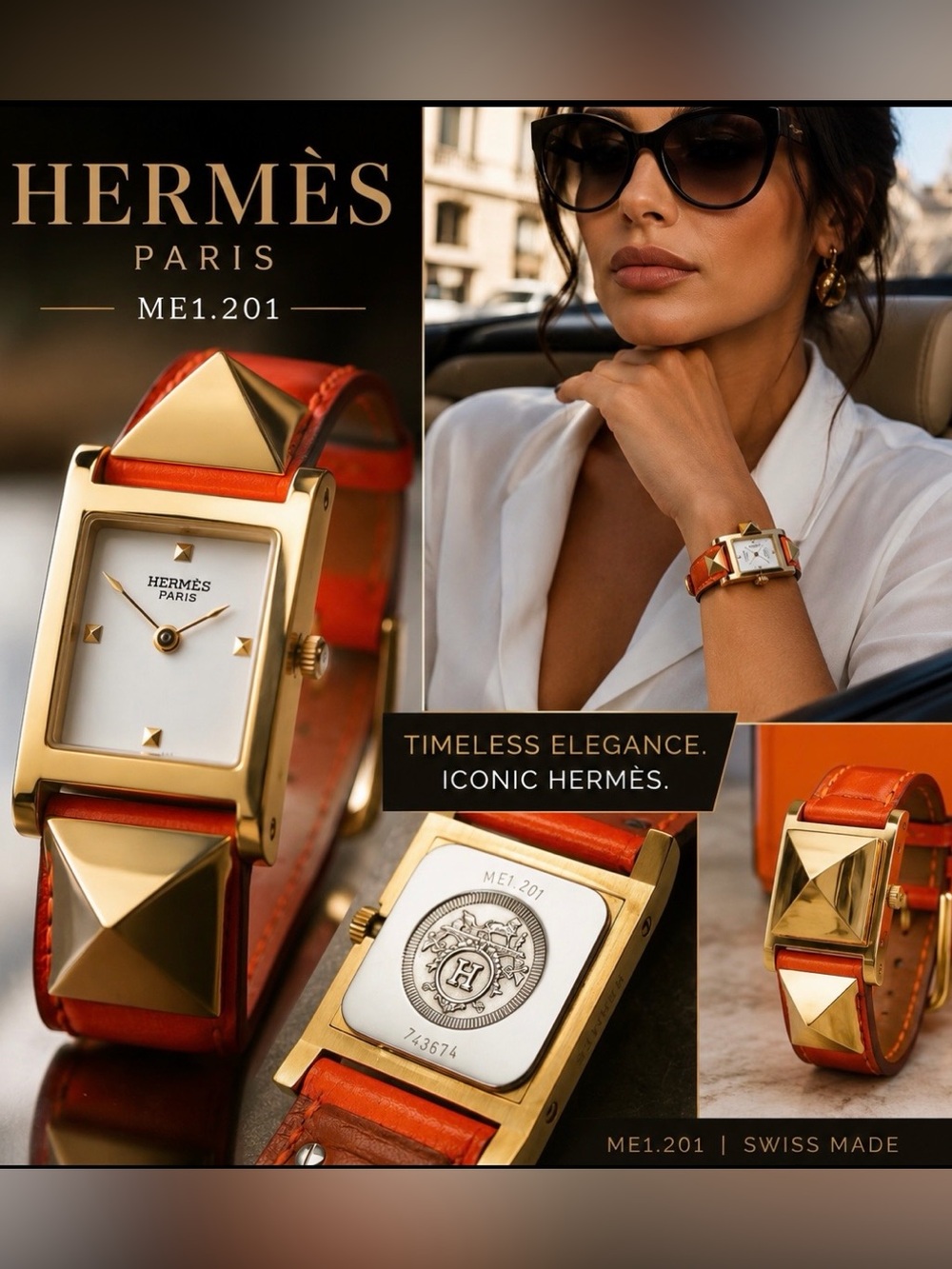 Hermès ME1.201 Gold Pyramid Stud Watch with Orange Leather Strap
